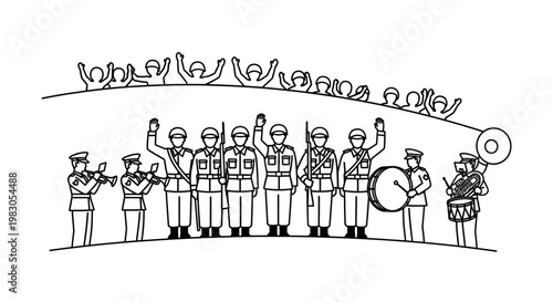 Military Band Parade with Cheering Crowd - Line Drawing