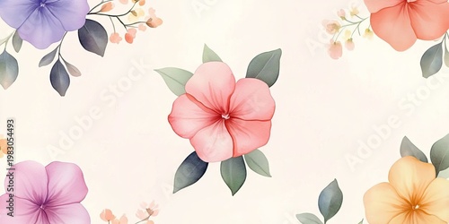 Watercolor Seamless Floral Design with Delicate Flowers and Aesthetic Leaves in a Pastel Background