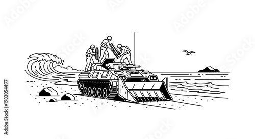 Military bulldozer tank on beach, soldiers deploying equipment near crashing wave