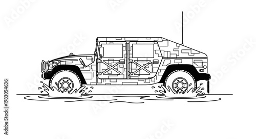 Military Humvee Driving Through Water Splash - Line Art Illustration
