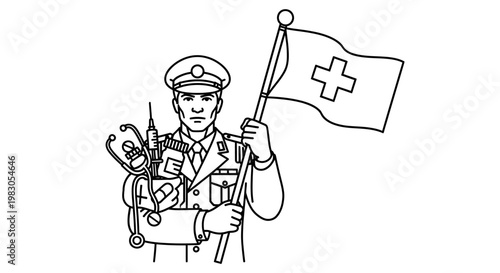 Military Medic Holding Medical Supplies and Red Cross Flag