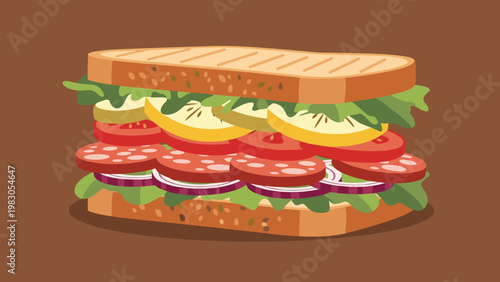 Detailed vector illustration of a hearty sandwich filled with salami slices, red onion, tomato, and fresh vegetables on a brown background for menus.