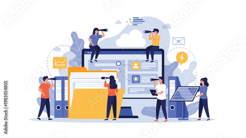 Focused team of office workers use telescopes to search and organize digital documents and folders on computer screen interface.