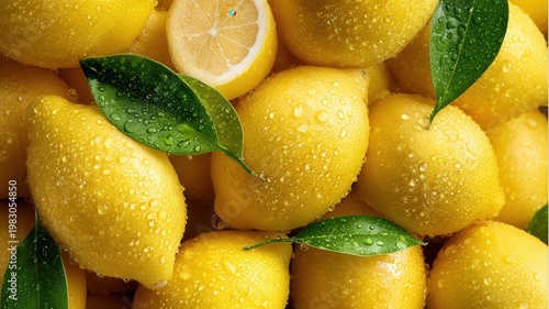 Fresh lemons with glistening water drops and green leaves, a vibrant display of healthy citrus fruit