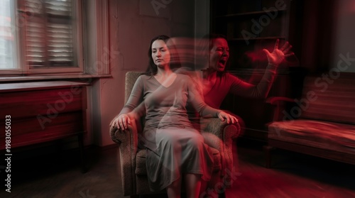 Woman sitting in a chair with a blurred screaming ghost figure representing internal struggle. Mental health concept depicting dissociation, depression, anxiety and emotional breakdown