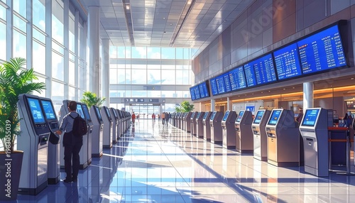 Modern airport terminal interior with displays and travelers