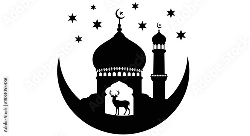 Islamic crescent moon with mosque and stars, religious symbol illustration
