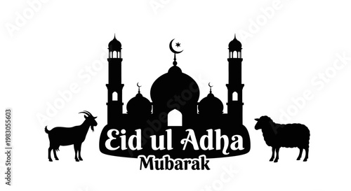 Islamic Festival Eid al-Adha Mubarak Vector Illustration with Mosque, Goat, and Sheep Silhouettes