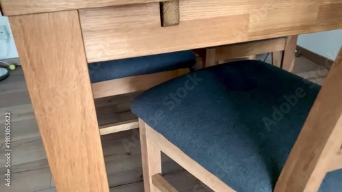 cats are hiding under the table on chairs, looking at the camera