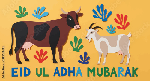 Eid al-Adha Mubarak greeting card with cartoon cow and goat illustrations