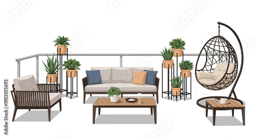 Luxurious balcony lounge design, showcasing a stylish sofa, comfortable armchair, wooden coffee table, side table, multiple plant stands, and a chic hanging egg chair.