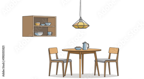 Scandinavian-style dining space, featuring a simple round wooden table, two contemporary chairs, a wall-mounted kitchen cabinet, and a geometric pendant lamp design.