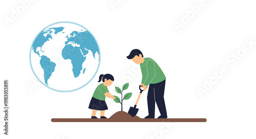 This flat design illustration shows an adult and a child collaboratively planting a sapling, symbolizing the importance of environmental action for future generations.