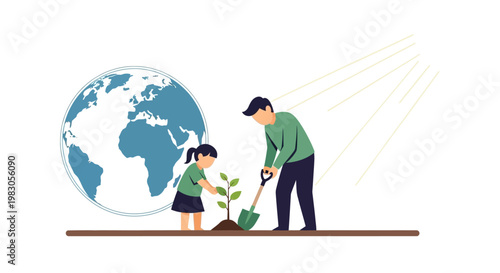 This flat design illustration shows an adult and a child collaboratively planting a sapling, symbolizing the importance of environmental action for future generations.
