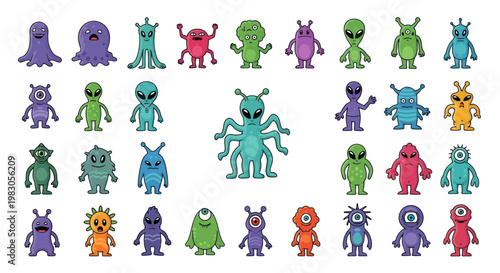 Funny cartoon monsters, aliens, creatures, pixel art style
