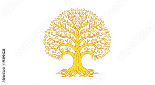 Golden Tree of Life Illustration with Intricate Branches and Leaves, White Background