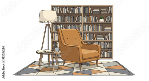 Rustic cozy reading nook, featuring a comfortable orange armchair, a small side table, a stylish floor lamp, and a large, wide bookshelf filled with books.