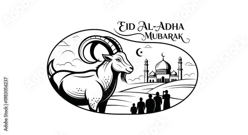 Eid Al-Adha Mubarak Illustration with Goat and Mosque