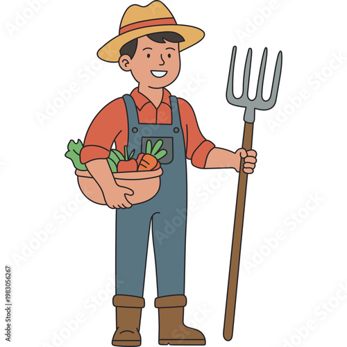 Cartoon Farmer Holding Pitchfork