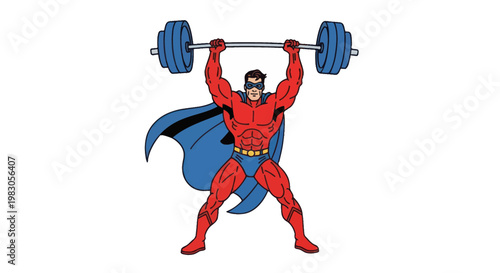 Superhero weightlifter lifting barbell, strength and power concept, cartoon illustration