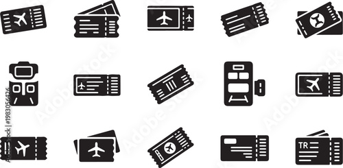 Travel tickets and airplane symbols in black icons