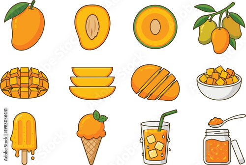 Mango Fruit Vector Set with Whole, Half, Slices, Cubes, Juice, Jam and Ice Cream in Bright Flat Style for Tropical Food and Dessert Designs