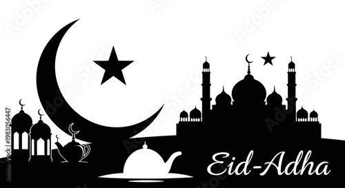 Elegant monochrome illustration of Eid al-Adha festival with mosque architecture, traditional symbols, and festive elements
