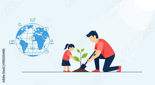 This flat design illustration shows an adult and a child collaboratively planting a sapling, symbolizing the importance of environmental action for future generations.