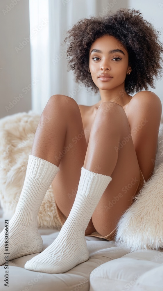 Naklejka premium Young woman relaxing at home, enjoying comfort and leisure, sitting on a sofa in cozy socks