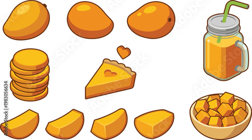 Photos Mango Fruit Vector Collection with Whole Mangoes, Slices, Cubes, Juice Jar and D