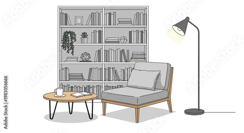 Spacious reading area, featuring a comfortable grey armchair, a wooden coffee table, a modern floor lamp, and a wide bookshelf filled with various books and decor.