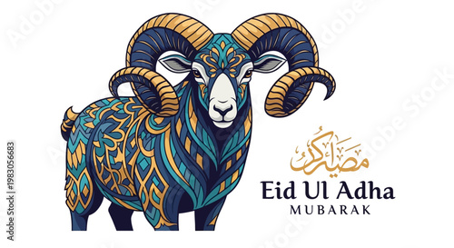 Beautifully Decorated Ram Design for Islamic Festival of Sacrifice Eid Al Adha Celebration Greeting Card