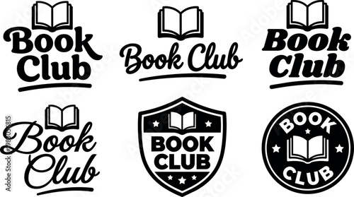 Black and white book club lettering with open book icons and shield badges