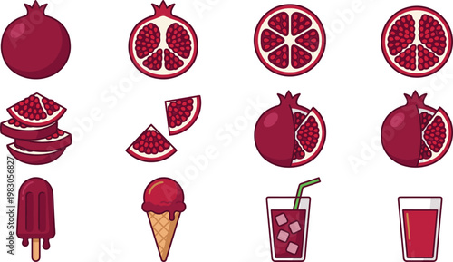 Pomegranate Vector Icon Set with Whole Fruits, Slices, Seeds, Juice, Ice Cream and Popsicle in Flat Cartoon Style for Food and Beverage Designs