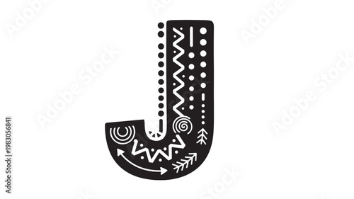 Letter J incorporates elaborate ornamental shapes and circular designs within a stark black silhouette.