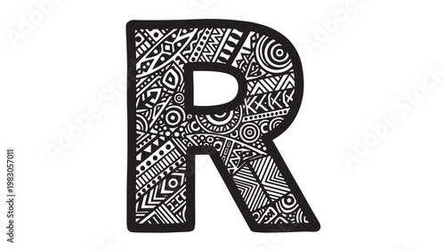 Letter R showcases a dense and elaborate black and white graphic pattern with varied cultural motifs.