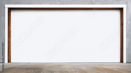 Garage door featuring a flat white surface and dark wood trim accents creates a sophisticated and contemporary look for a home.