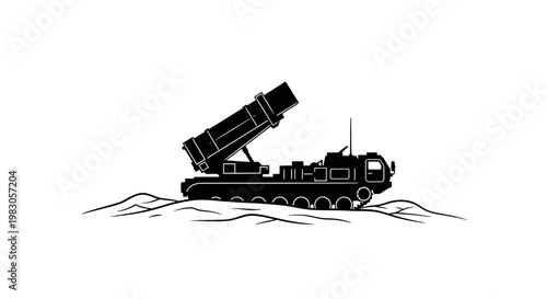 Military Rocket Launcher Vehicle Silhouette on Wavy Ground