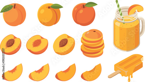 Peach Fruit Vector Set with Whole Peaches, Slices, Juice Glass and Popsicle in Bright Flat Style for Summer Food, Beverage and Healthy Lifestyle Designs