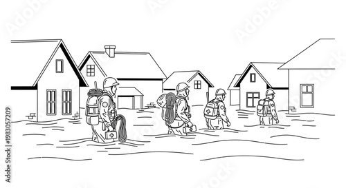 Military rescue team wading through flooded town, disaster relief, helping civilians