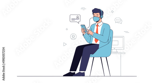 Man with mask and headset using smartphone, customer support, remote work, online communication