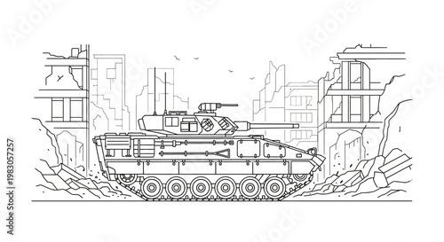 Military tank in destroyed city, war aftermath, urban combat, line art illustration