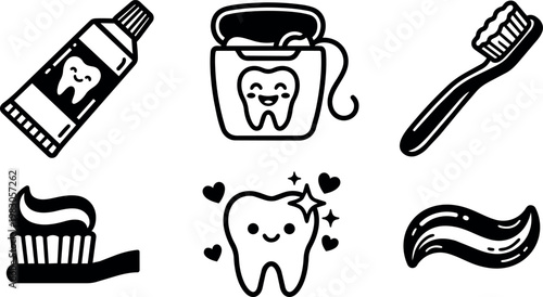 Happy tooth with sparkle and hearts dental hygiene icons toothpaste floss toothbrush