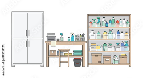 Organized cleaning supplies area, showcasing a tall storage cabinet, a functional work table with chair, and open shelving units meticulously arranged with various cleaning products.