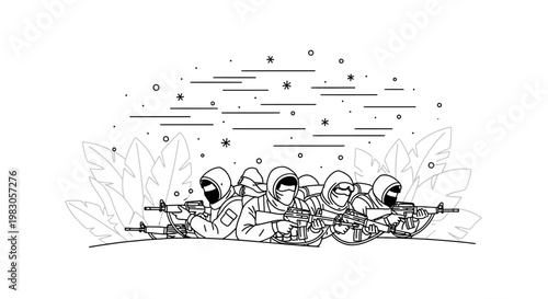 Military Team, Soldiers in Combat Gear, Ready for Action, Line Art Illustration