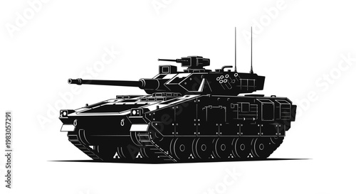 Modern Armored Fighting Vehicle, Military Tank Silhouette, Black and White Illustration