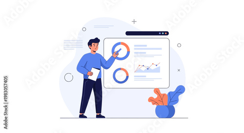 Man presenting data charts and graphs on a screen, business analytics concept