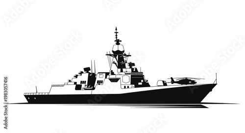 Modern Warship Silhouette, Military Naval Vessel with Helicopter Deck, Black and White Vector Illustration