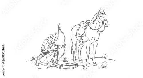 Mongol Warrior Archer Kneeling with Horse and Bow, Historical Combat Scene