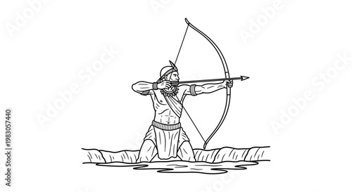 Native American Hunter Aims Bow and Arrow in Water, Traditional Warrior